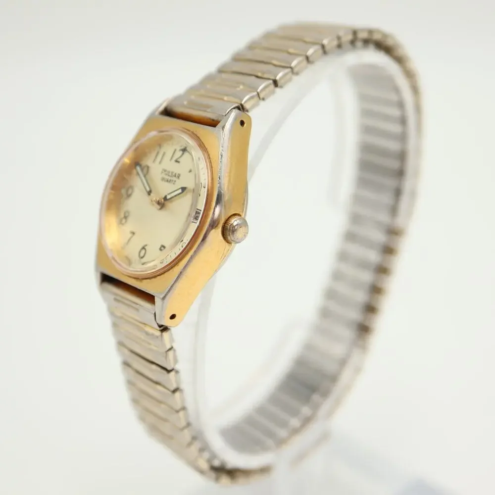 Vintage Pulsar by Seiko Gold Tone 24mm Womens Watch Date V827-0430 w New Battery
